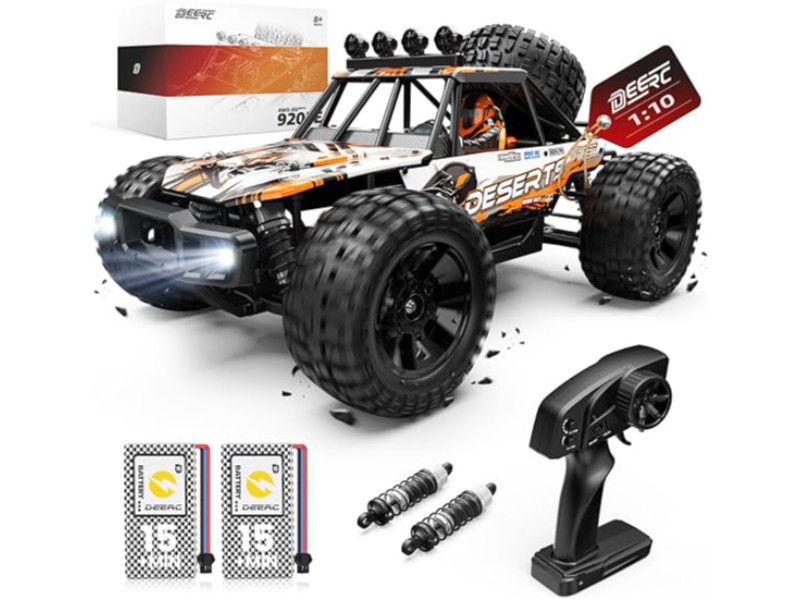 DEERC 1 10 Scale RC Monster Truck for Adults   Boys  48KM H Speed 4X4 Hobby RC Car with Lights  2 Rechargeable Batteries  2 4 GHz All Terrain Remote Control Car Toys for 30mins Fun