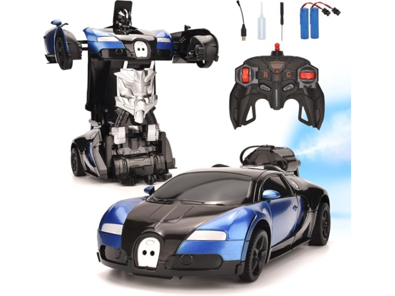 Remote Control Car Toy  Transform Robot RC Cars with Cool Spray  Rechargeable Car Toy with One Button Deformation Rotating Drifting   Lights   Sound  for Kids Boys  Blue    Remote Control Car Robot